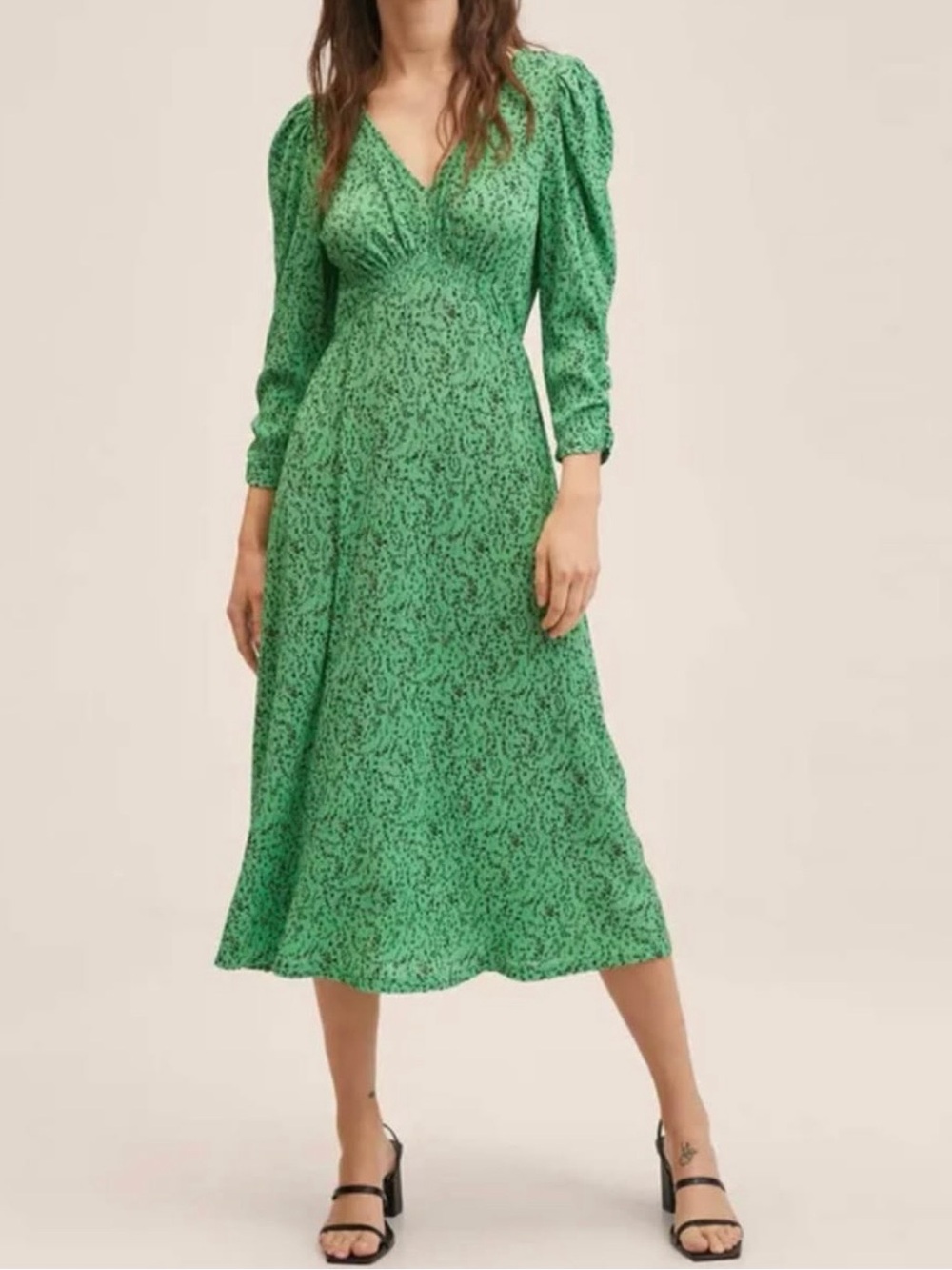 Mango Emerald Green Printed V-Neck Midi Dress